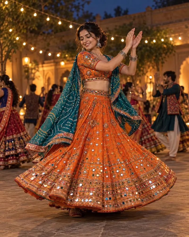 ChatGPT-generated Garba dancer in an orange chaniya choli and teal dupatta