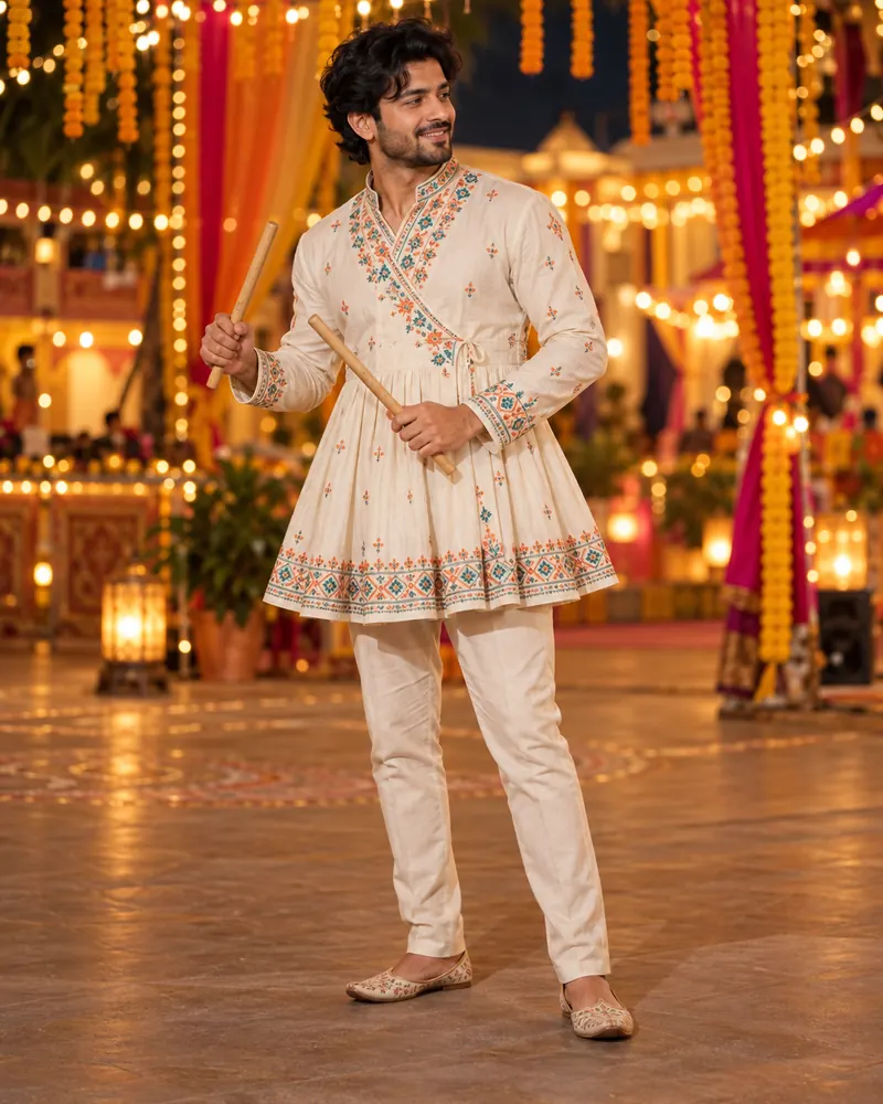 ChatGPT-generated man wearing an ivory Gujarati kediyu with two wooden Dandiya sticks