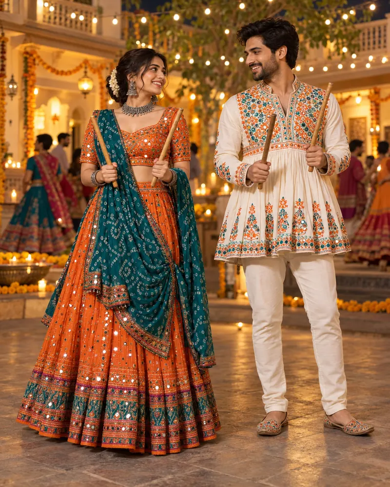 ChatGPT-generated Navratri couple in orange, teal and ivory holding four wooden Dandiya sticks