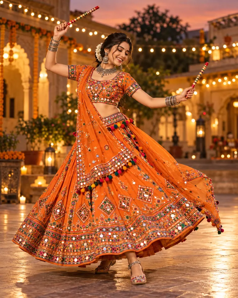 ChatGPT AI-generated orange Navratri dandiya outfit portrait