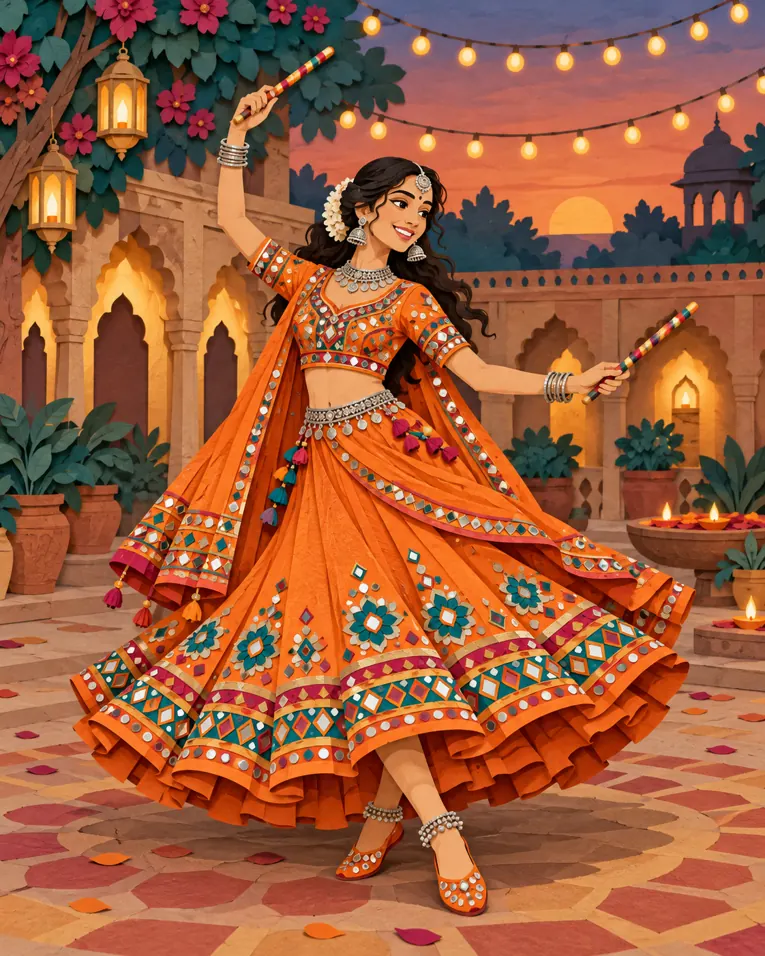 ChatGPT AI-generated orange Navratri paper-cut dandiya illustration