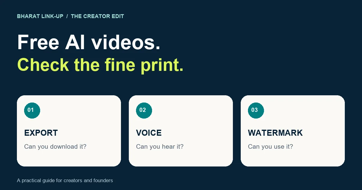 Three checks before spending AI video credits: export access, audible voice and usable watermarks.