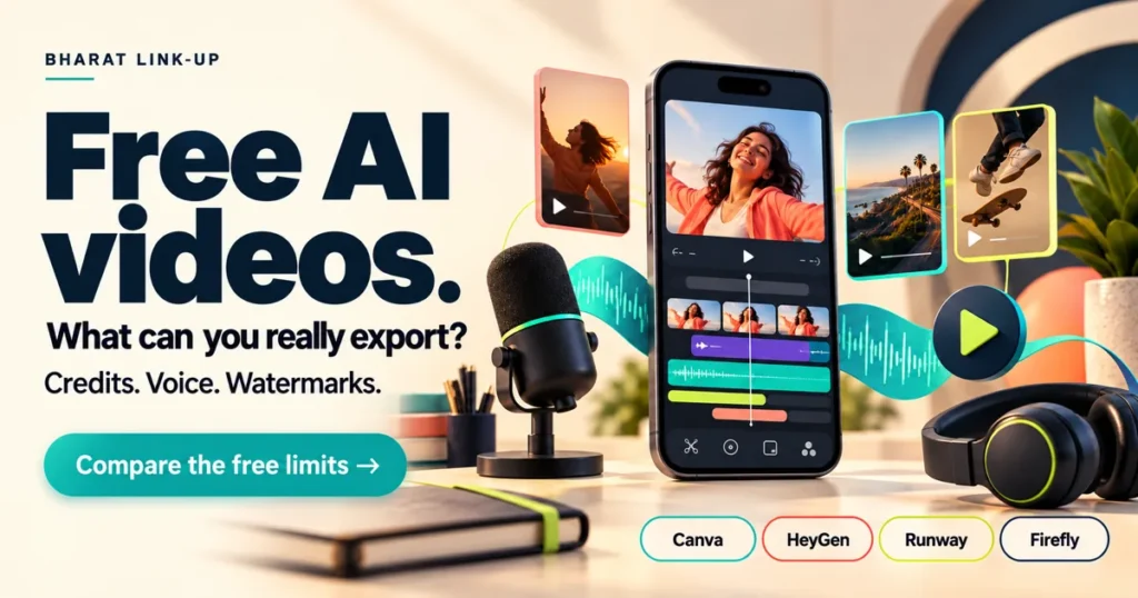 Free AI videos: what can you really export? Canva, HeyGen, Runway and Firefly compared on credits, voice and watermarks.