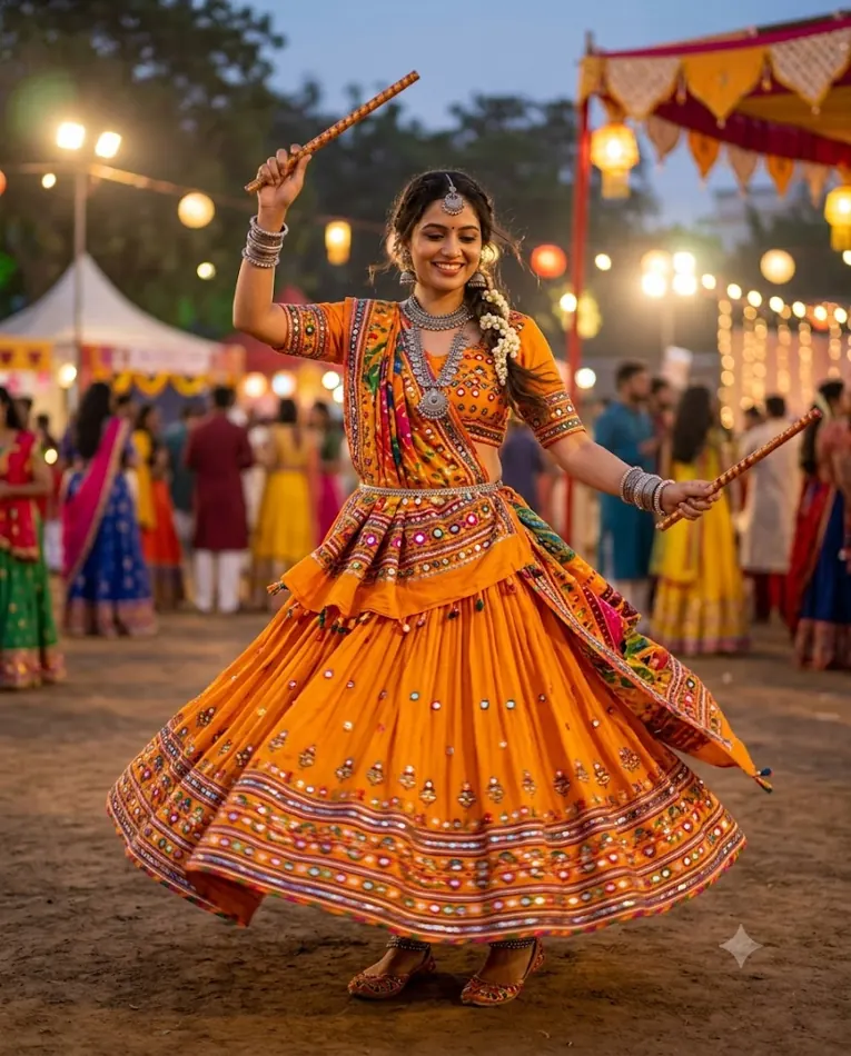 Gemini AI-generated orange Navratri dandiya outfit portrait