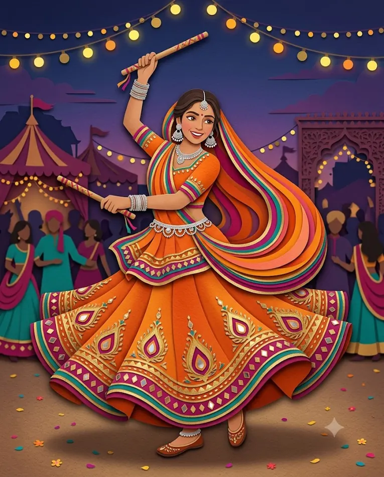 Gemini AI-generated orange Navratri paper-cut dandiya illustration