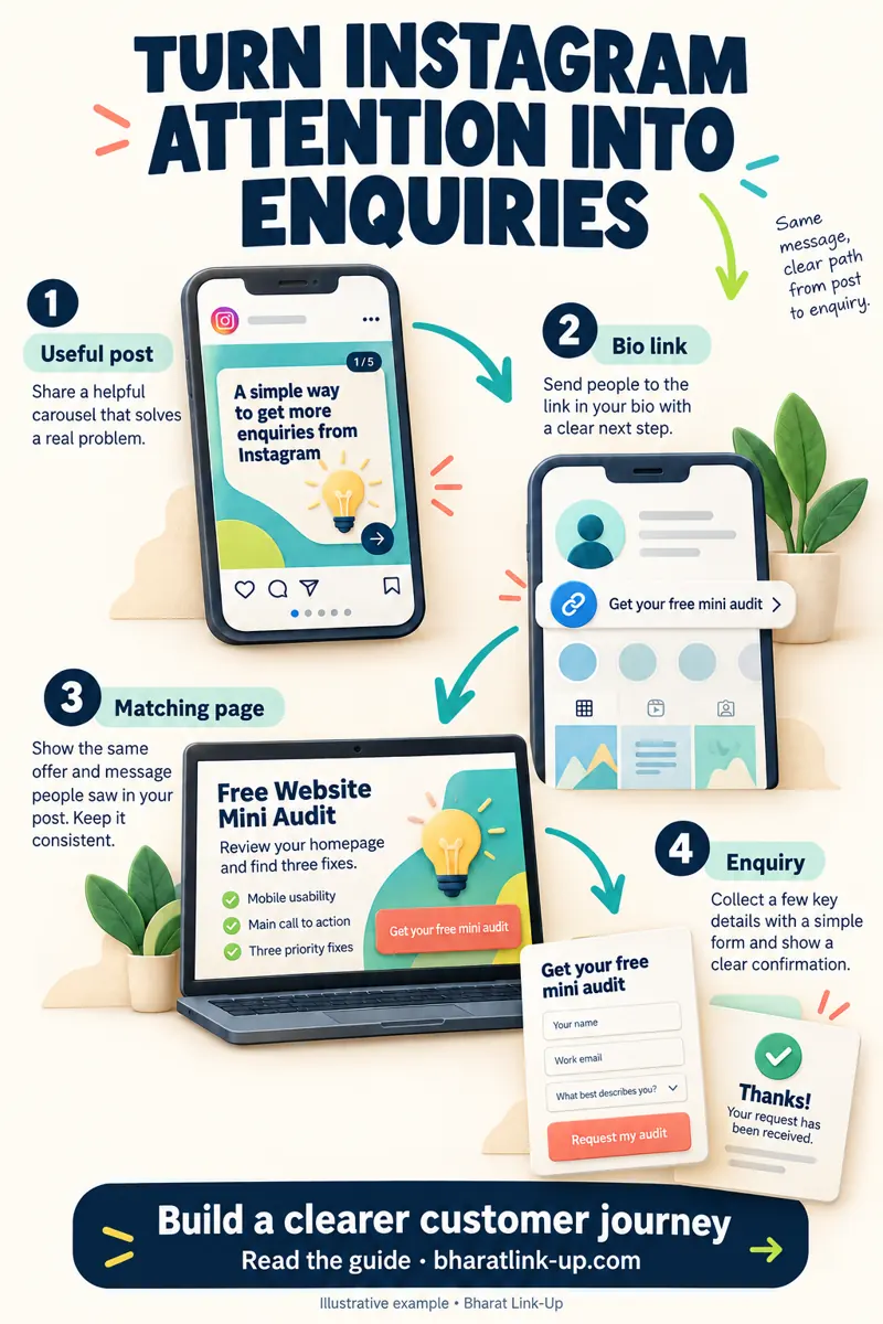 Illustrated Instagram enquiry journey from a useful post to a bio link, matching website page and successful form confirmation.
