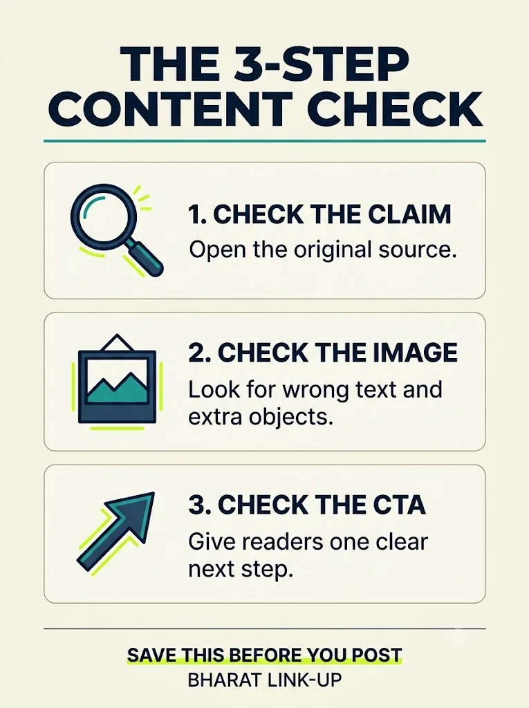 Nano Banana 2.1 default-route infographic: three content checks with icons on the left