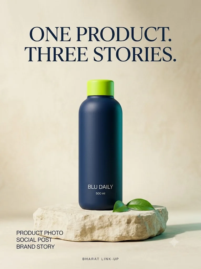 Nano Banana 2.1 default-route test: navy BLU DAILY bottle poster with lime cap and extra leaves