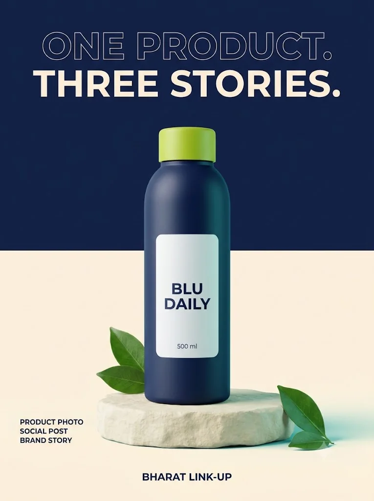 Nano Banana Pro test: BLU DAILY bottle poster with navy background and extra leaves