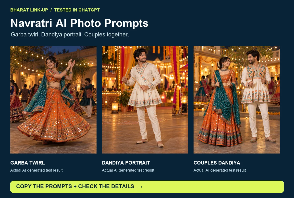 Three tested ChatGPT Navratri photo prompts: Garba twirl, men’s Dandiya portrait and couples together